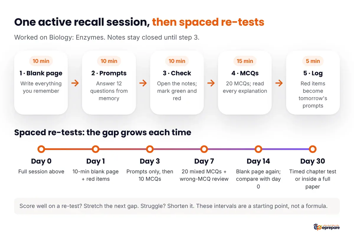 Infographic of one active recall session in five steps: blank page 10 minutes, prompts 10 minutes, check with notes 10 minutes, MCQs 15 minutes and log mistakes 5 minutes. Below it, a spaced re-test timeline: day 0 full session, day 1 a 10-minute blank page, day 3 prompts and 10 MCQs, day 7 20 mixed MCQs, day 14 blank page again, day 30 a timed chapter test or a full paper.
