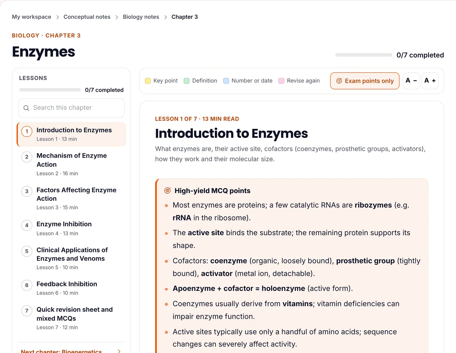 ePrepare conceptual notes for Biology chapter 3, Enzymes, showing seven lessons in the sidebar from Introduction to Enzymes to the quick revision sheet and mixed MCQs, the Exam points only button in the toolbar, and a High-yield MCQ points box listing ribozymes, the active site, cofactor types, apoenzyme plus cofactor equals holoenzyme, coenzymes from vitamins, and the small number of active-site amino acids.