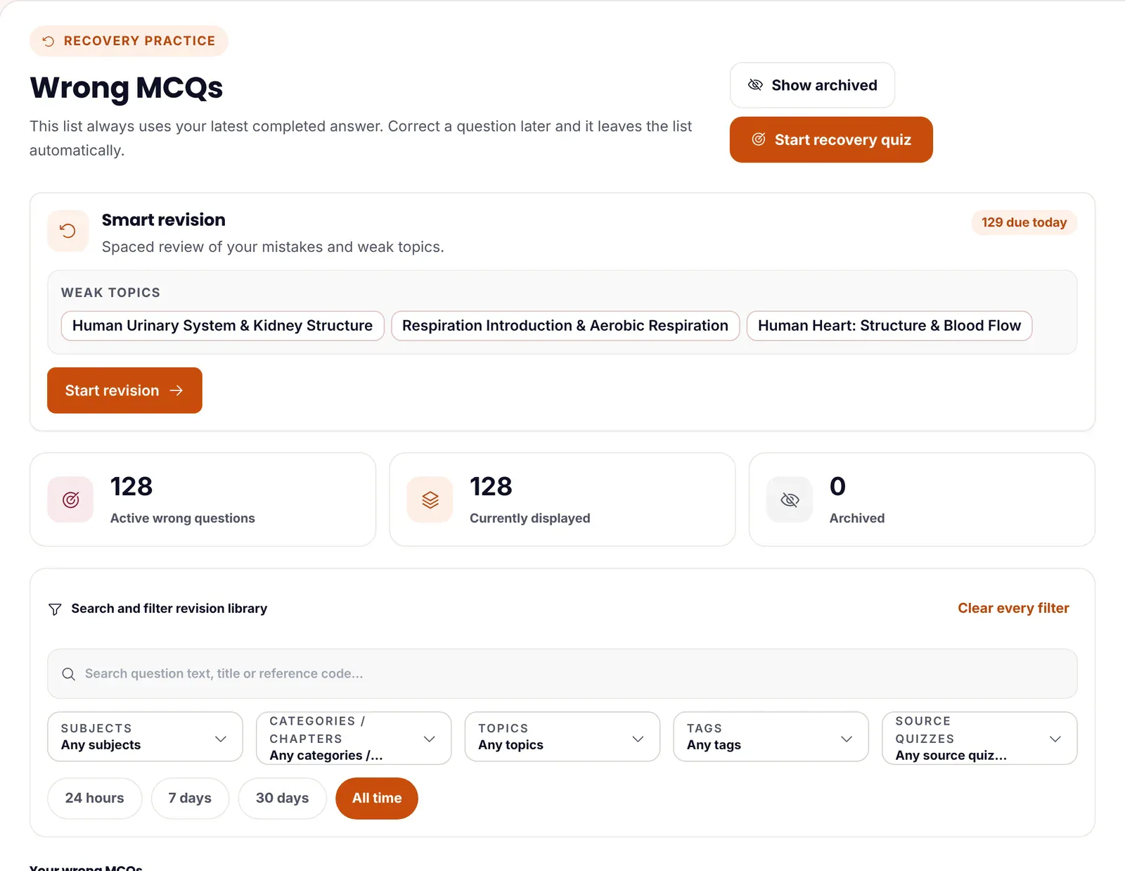 ePrepare's Wrong MCQs page with a Start recovery quiz button and a Smart revision panel, described as spaced review of your mistakes and weak topics, showing 129 due today, weak topics such as urinary system, respiration and the heart, a Start revision button, and counts of 128 active wrong questions.