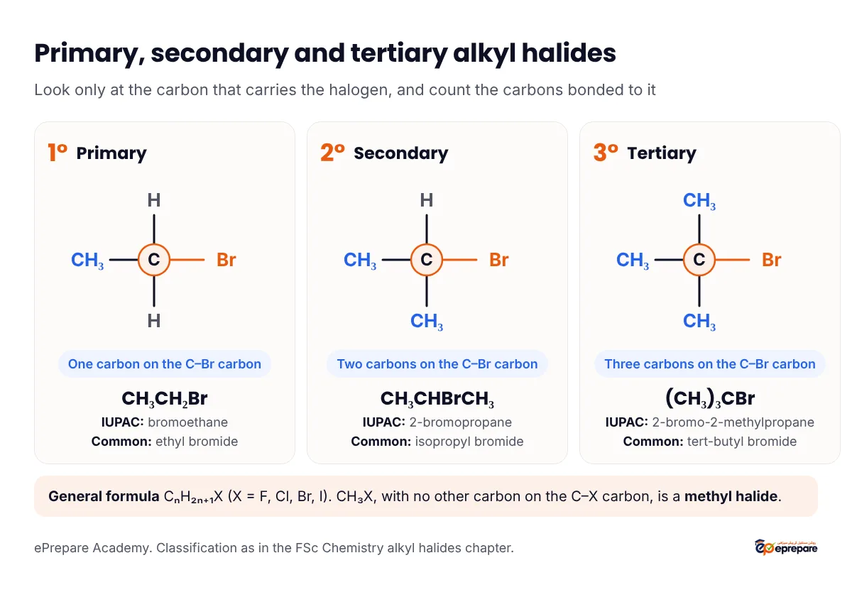 Primary, secondary and tertiary alkyl halides drawn around the carbon that carries bromine: bromoethane has one carbon attached, 2-bromopropane two and 2-bromo-2-methylpropane three