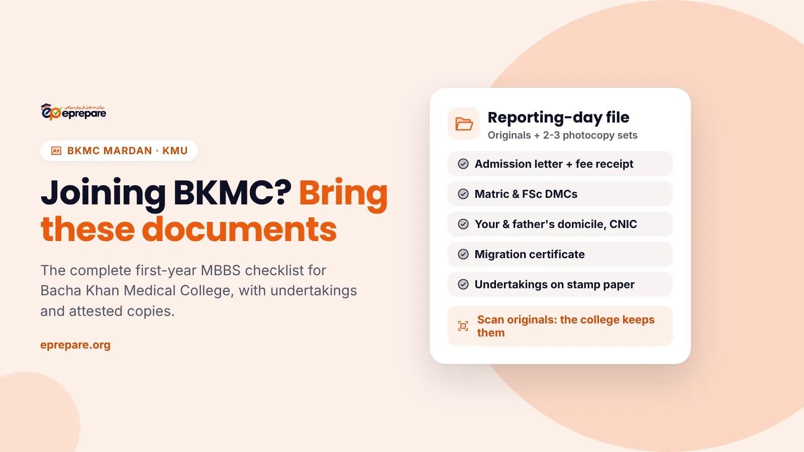 BKMC Mardan joining checklist card: admission letter, DMCs, domiciles, CNICs, migration certificate and undertakings, with photocopies attested.