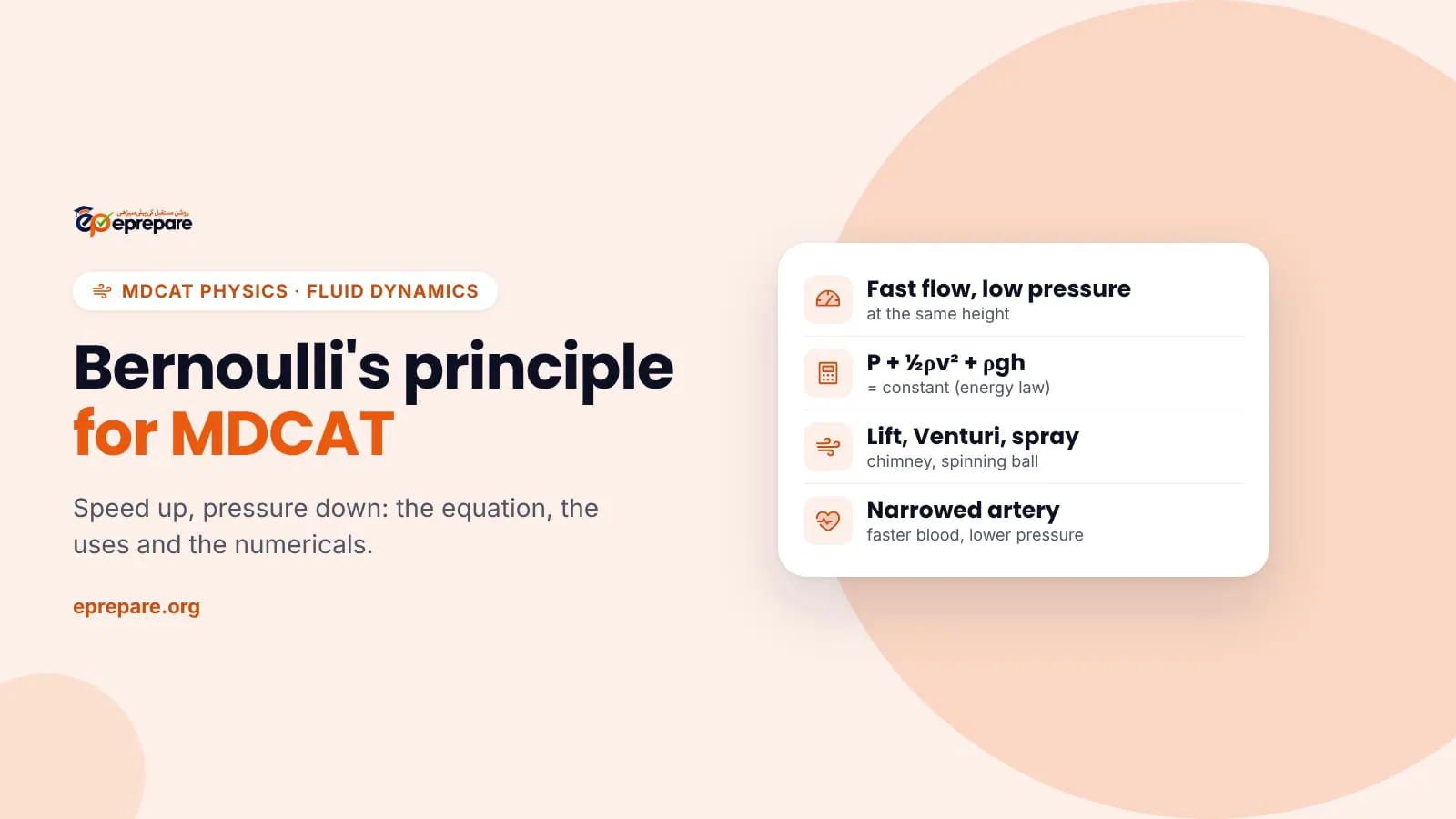 Cover reading 'Bernoulli's principle for MDCAT' with a card summarising: fast flow means low pressure, P + ½ρv² + ρgh = constant, and the applications lift, Venturi meter and spray.