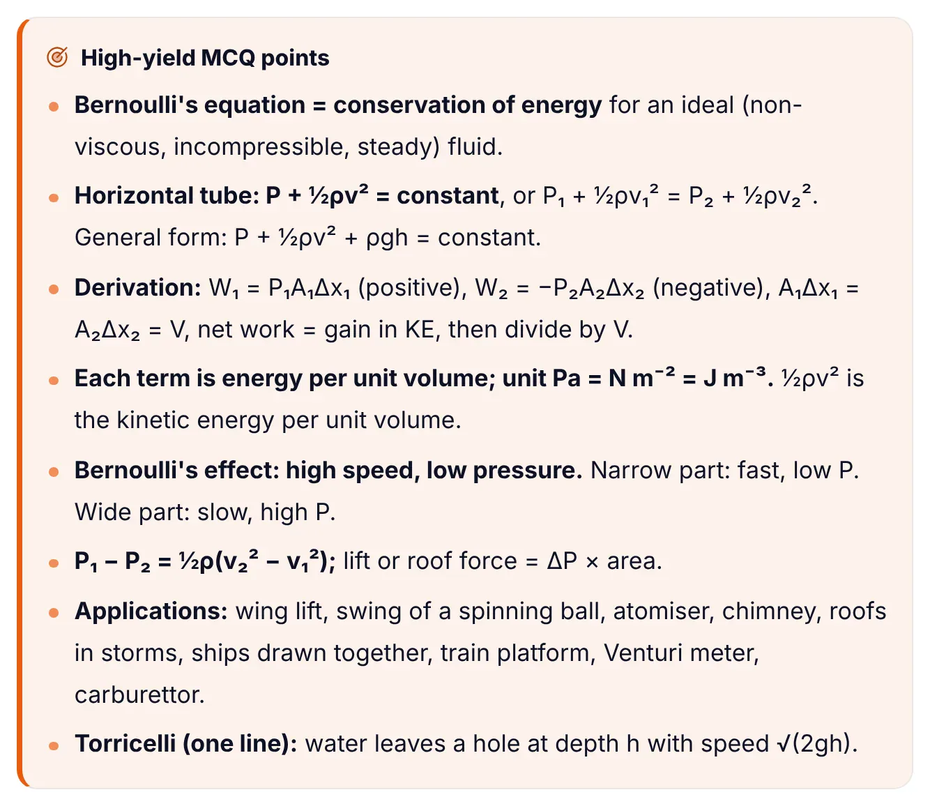 The 'High-yield MCQ points' box from ePrepare's conceptual notes on Bernoulli's equation, listing: conservation of energy for an ideal fluid; P + ½ρv² = constant for a horizontal tube and P + ½ρv² + ρgh = constant in general; the derivation steps; each term is energy per unit volume with unit Pa; high speed means low pressure; P1 − P2 = ½ρ(v2² − v1²) and force = ΔP × area; the applications; and Torricelli's √(2gh).