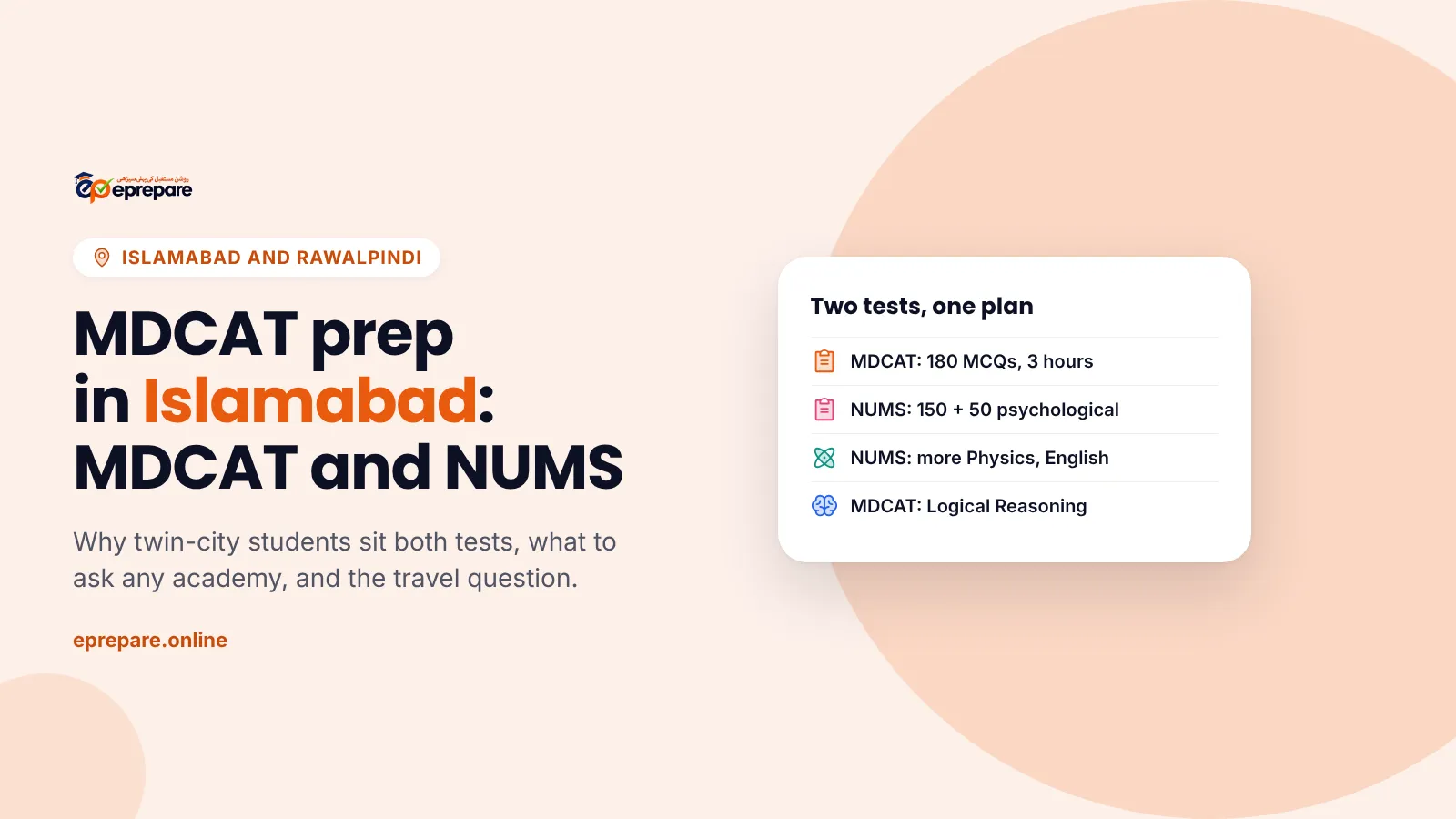 Best academy for MDCAT preparation in Islamabad: MDCAT and NUMS together, and studying online with ePrepare