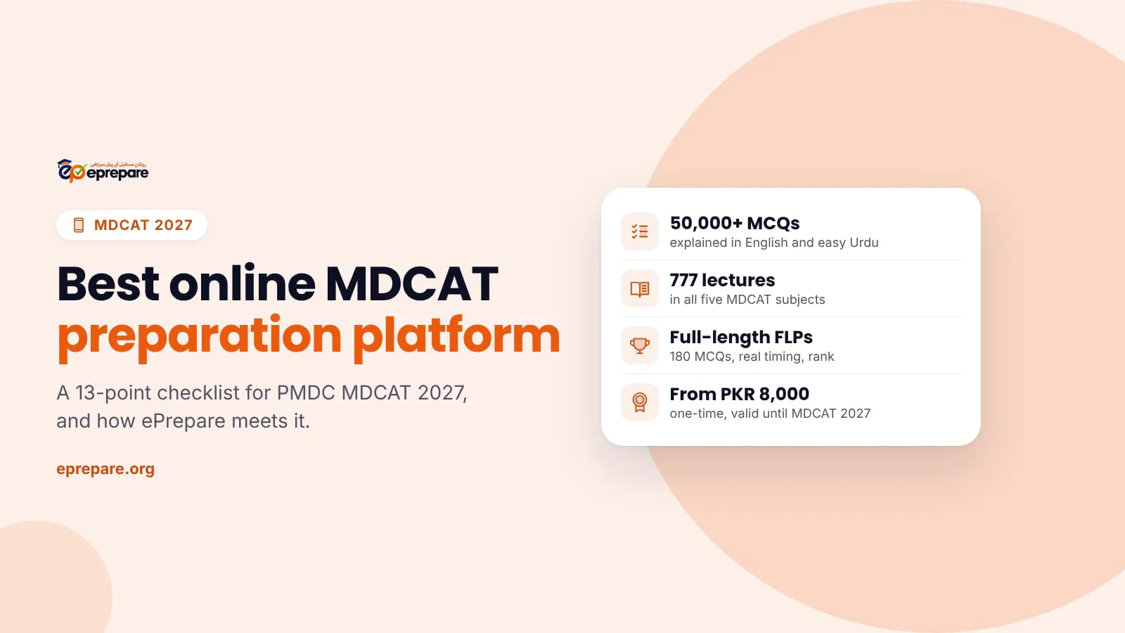 Cover: Best online MDCAT preparation platform for PMDC MDCAT 2027, with a card listing 50,000+ explained MCQs, 777 lectures, full-length 180-MCQ papers with rank