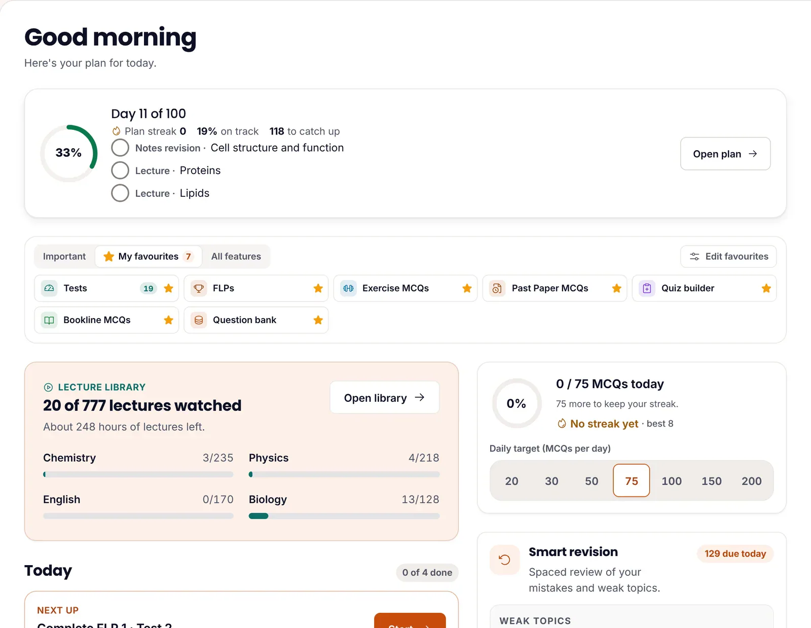 ePrepare's student dashboard: day 11 of a 100-day plan with today's tasks, shortcuts to Tests, FLPs, Exercise MCQs, Past Paper MCQs, Quiz builder, Bookline MCQs and Question bank, a lecture library card showing 777 lectures by subject, a daily MCQ target picker and a smart revision card