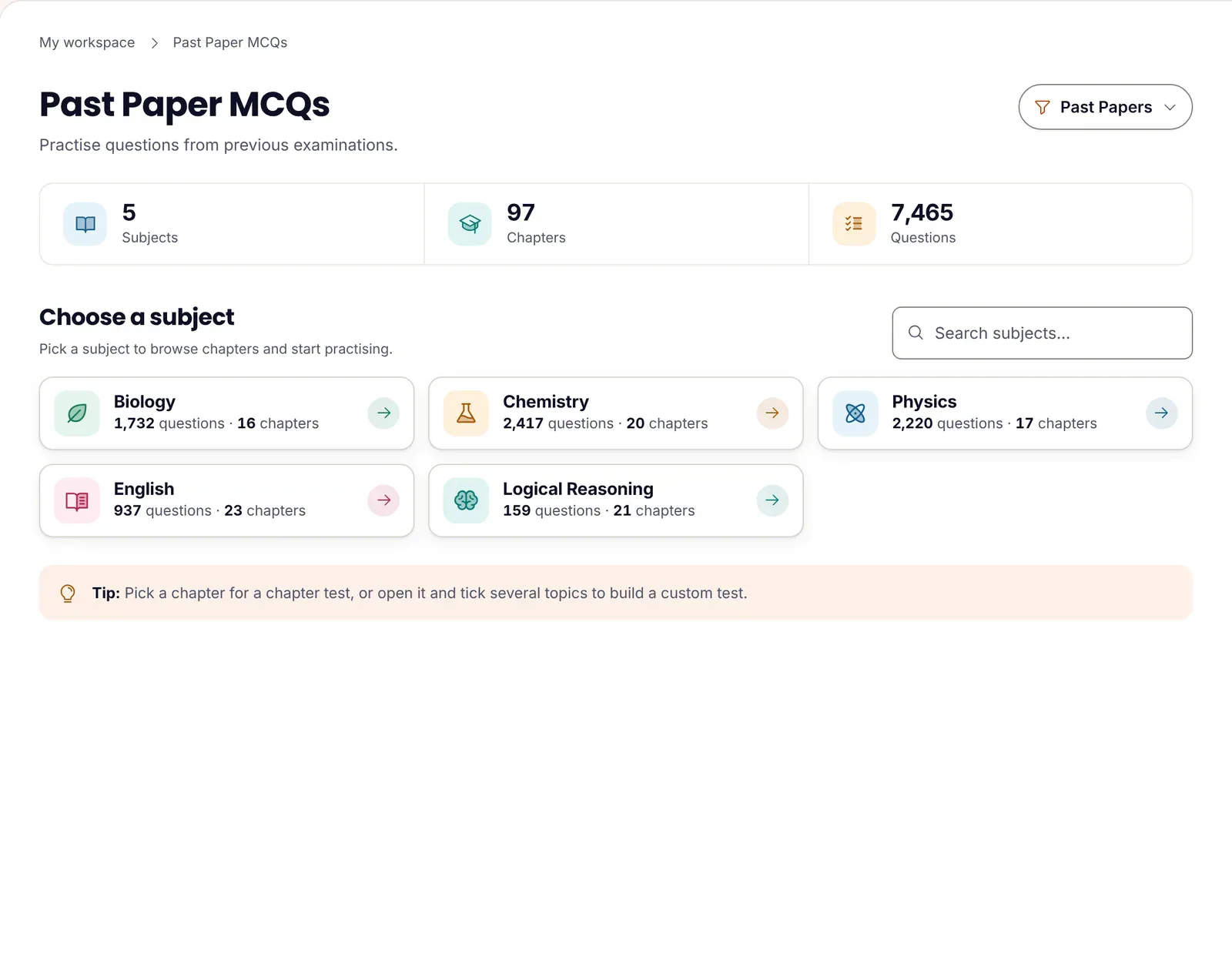 ePrepare's past paper MCQs page: 5 subjects, 97 chapters and 7,465 questions, with Biology 1,732, Chemistry 2,417, Physics 2,220, English 937 and Logical Reasoning 159 past paper questions