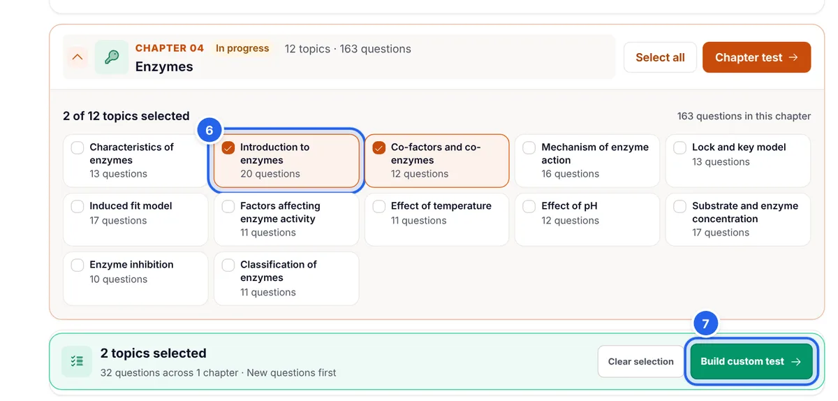 The Enzymes chapter opened with two topics ticked, Introduction to enzymes and Co-factors and co-enzymes, and the bar showing 2 topics selected with a Build custom test button