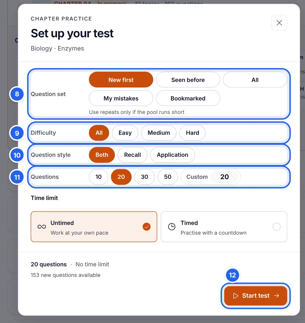The Set up your test window for Biology Enzymes with question set, difficulty, question style, number of questions, time limit and the Start test button