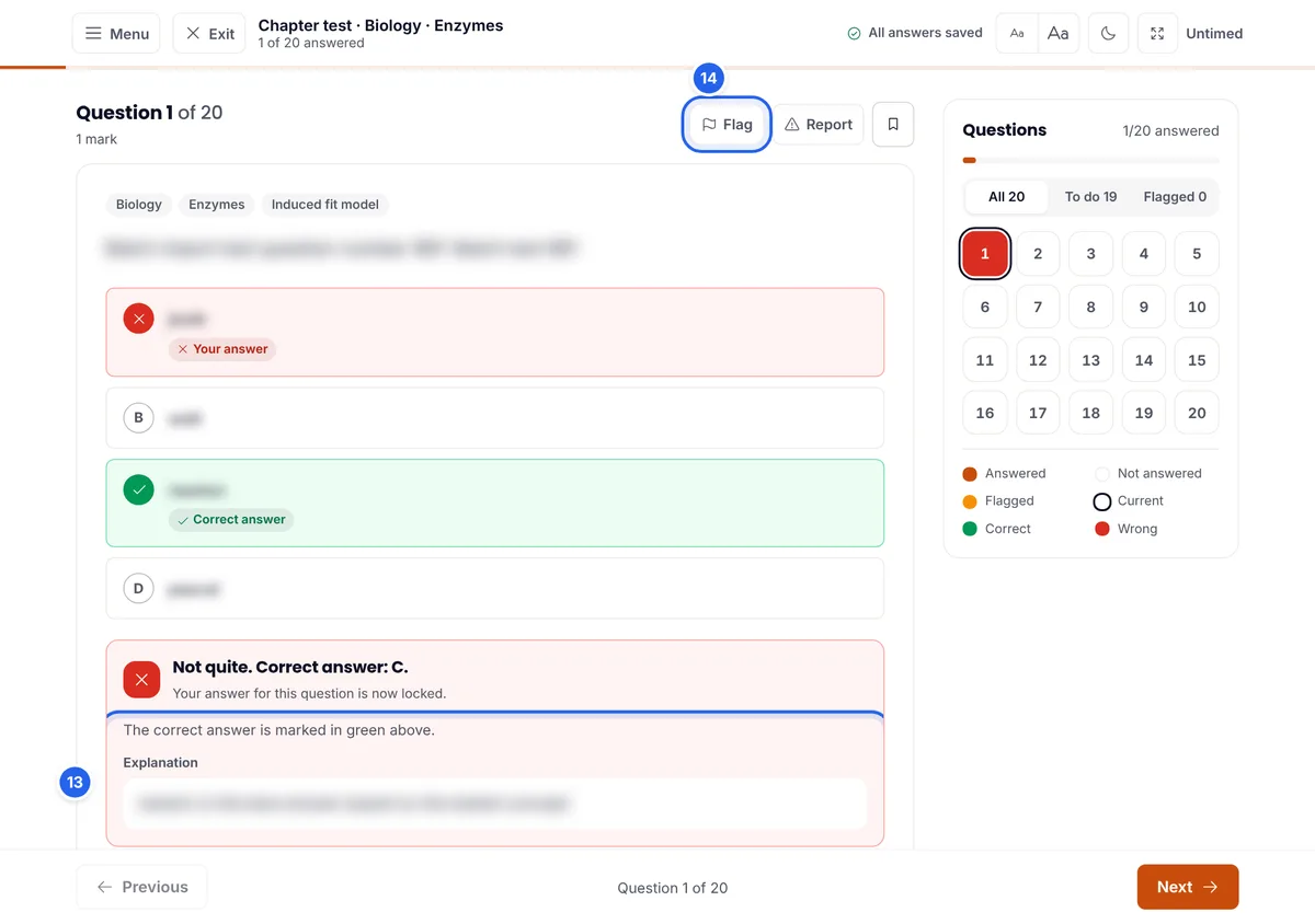 A Bookline practice question after answering, with the question text blurred, the wrong answer in red, the correct answer in green, the explanation below and the question navigator on the right