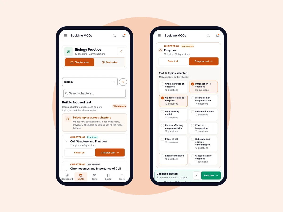 Bookline MCQs on a phone: the Biology chapter list, and the Enzymes chapter with two topics ticked and a Build test button