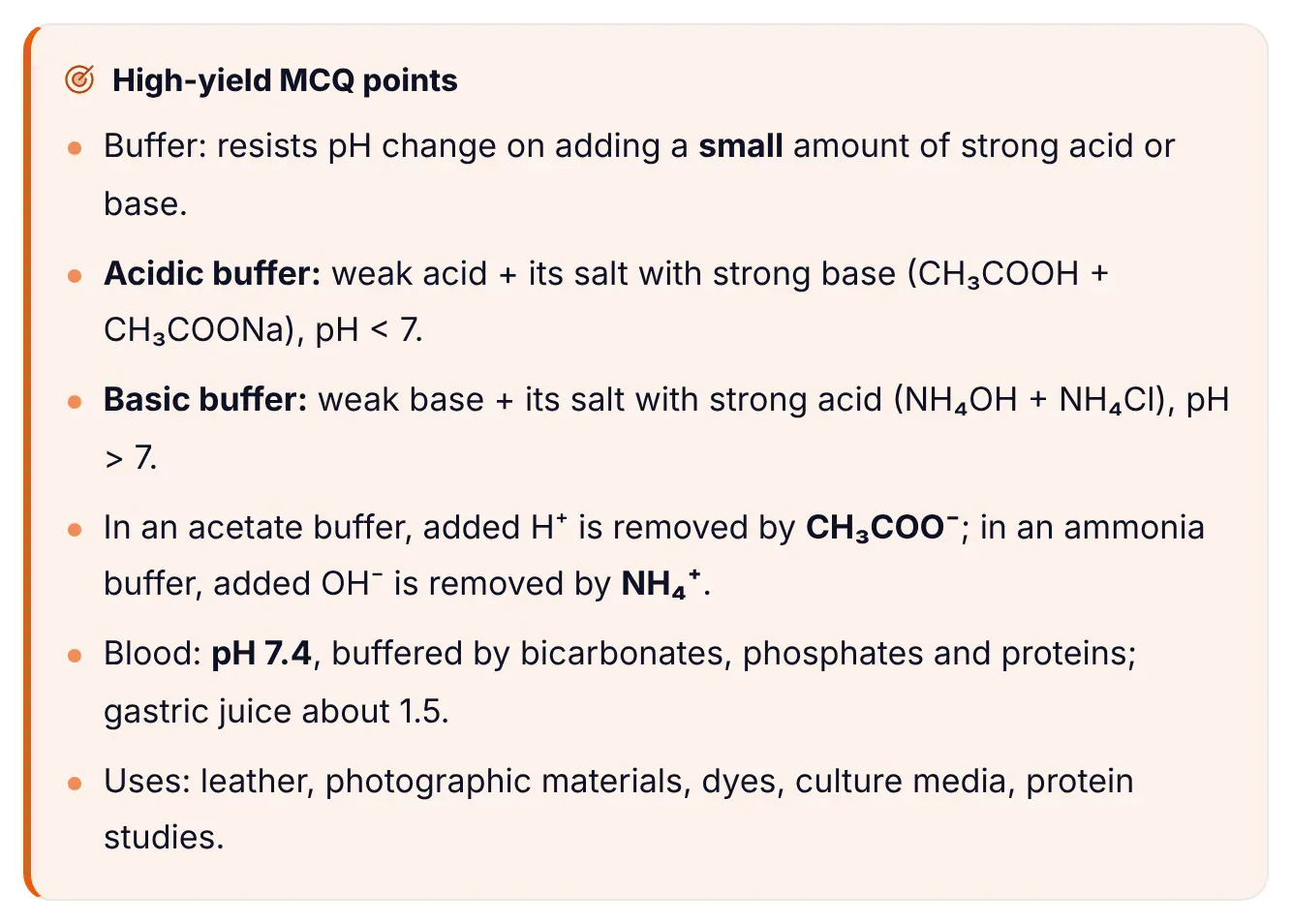 High-yield MCQ points box from ePrepare's conceptual notes on buffer solutions: definition, acidic buffer CH3COOH plus CH3COONa with pH below 7, basic buffer NH4OH plus NH4Cl with pH above 7, acetate ion removes H+ and ammonium ion removes OH-, blood pH 7.4 buffered by bicarbonates, phosphates and proteins, and uses of buffers.