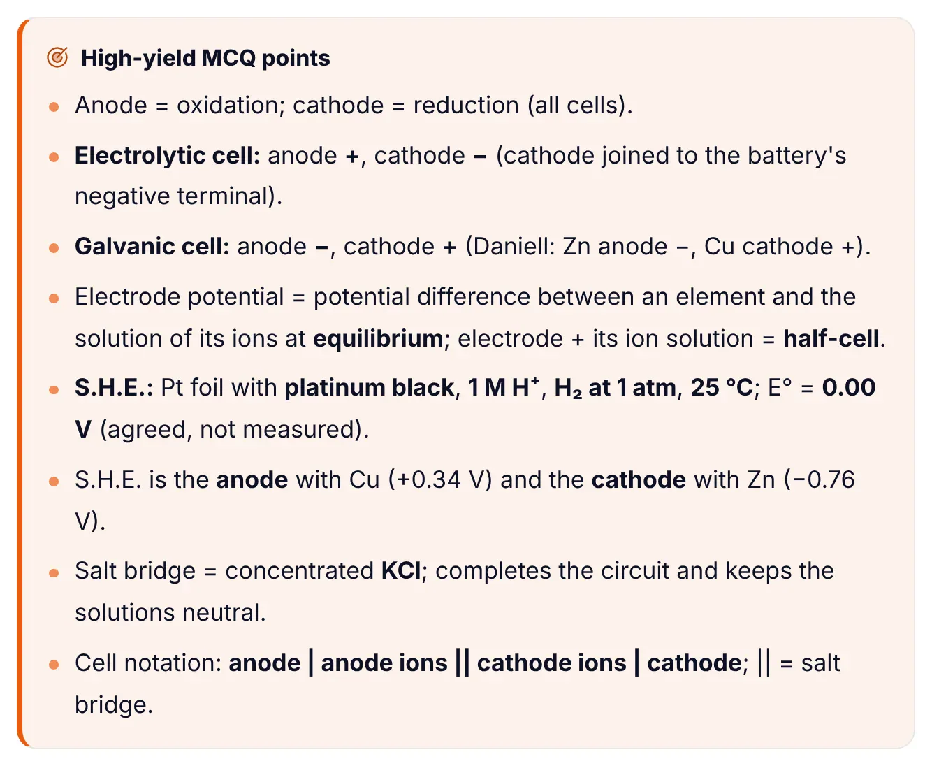 High-yield MCQ points box from ePrepare's conceptual notes on electrodes and the S.H.E.: anode is oxidation and cathode is reduction in all cells, electrolytic anode positive, galvanic anode negative, definition of electrode potential and half-cell, S.H.E. conditions and 0.00 V, S.H.E. as anode with copper and cathode with zinc, KCl salt bridge, and cell notation.