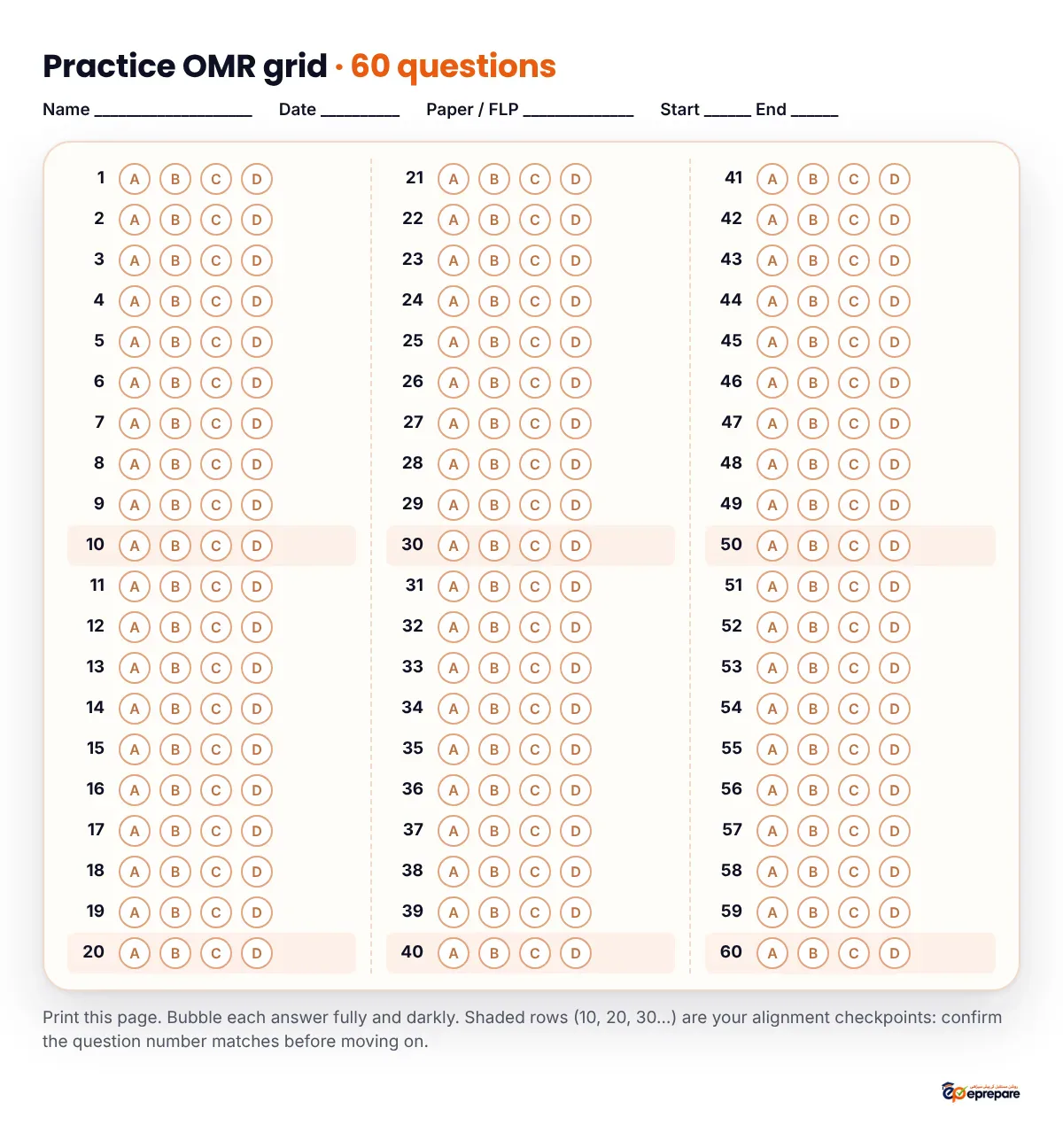 A printable practice OMR grid with fields for name, date, paper and start and end time, and 60 numbered rows in three columns, each row with bubbles A, B, C and D. Rows 10, 20, 30, 40, 50 and 60 are shaded as alignment checkpoints.