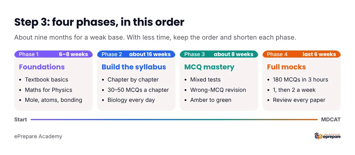Four-phase MDCAT roadmap for a weak base over about nine months: phase 1 foundations for 6 to 8 weeks, phase 2 build the syllabus chapter by chapter for about 16 weeks, phase 3 MCQ mastery and revision for about 8 weeks, phase 4 full-length mocks in the last 6 weeks