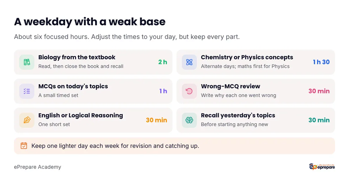 Sample weekday routine of about six focused hours: Biology textbook and notes for two hours, Chemistry or Physics concepts for one and a half hours, MCQ practice on today's topics for one hour, wrong-MCQ review for thirty minutes, English or Logical Reasoning for thirty minutes, and a quick recall of yesterday's topics for thirty minutes