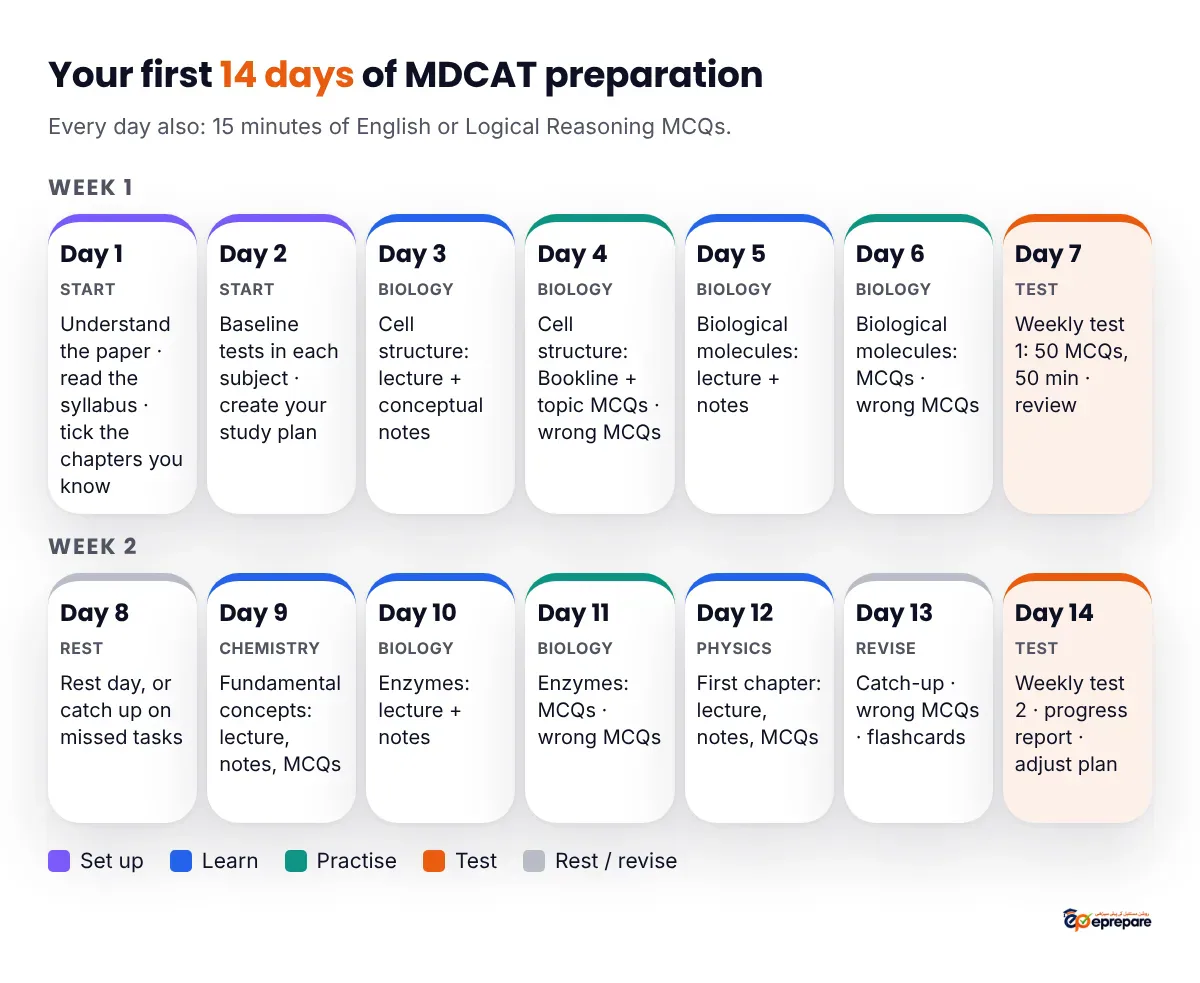 Two-week MDCAT starter timetable: day 1 understand the paper and syllabus; day 2 baseline tests and create the study plan; days 3 to 6 Biology cell structure and biological molecules, each with a lecture and notes day then an MCQs and wrong MCQs day; day 7 weekly test 1; day 8 rest; day 9 Chemistry fundamental concepts; days 10 and 11 Biology enzymes; day 12 a first Physics chapter; day 13 catch-up and revision; day 14 weekly test 2 and progress review