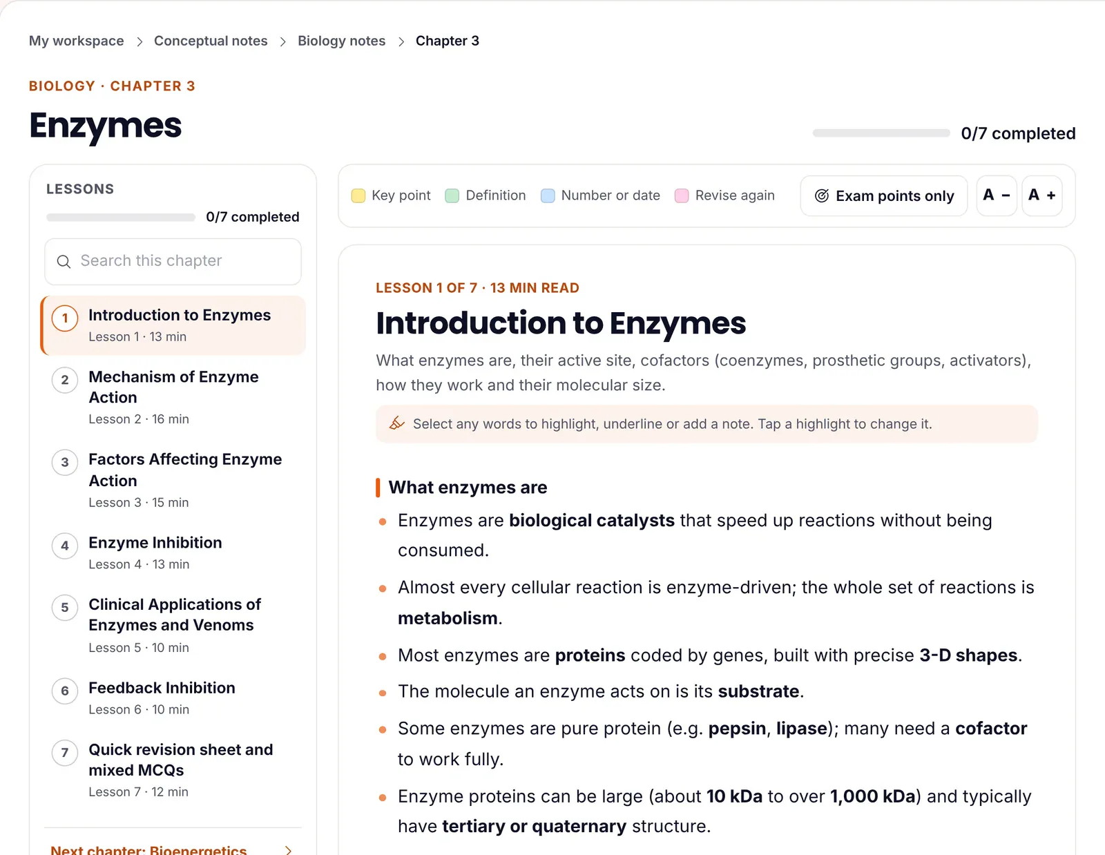 ePrepare's conceptual notes for Biology chapter 3, Enzymes: a list of seven lessons with reading times, highlight colours for key point, definition, number or date and revise again, an Exam points only switch, and lesson 1, Introduction to Enzymes, explaining that enzymes are biological catalysts