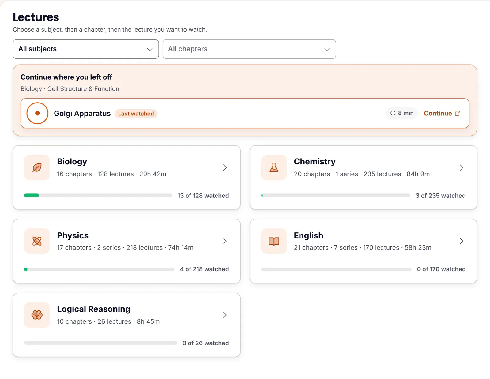 ePrepare's lectures page with a continue-where-you-left-off card for the Golgi apparatus lecture in Cell structure and function, and subject cards for Biology 128 lectures, Chemistry 235, Physics 218, English 170 and Logical Reasoning 26, with progress bars