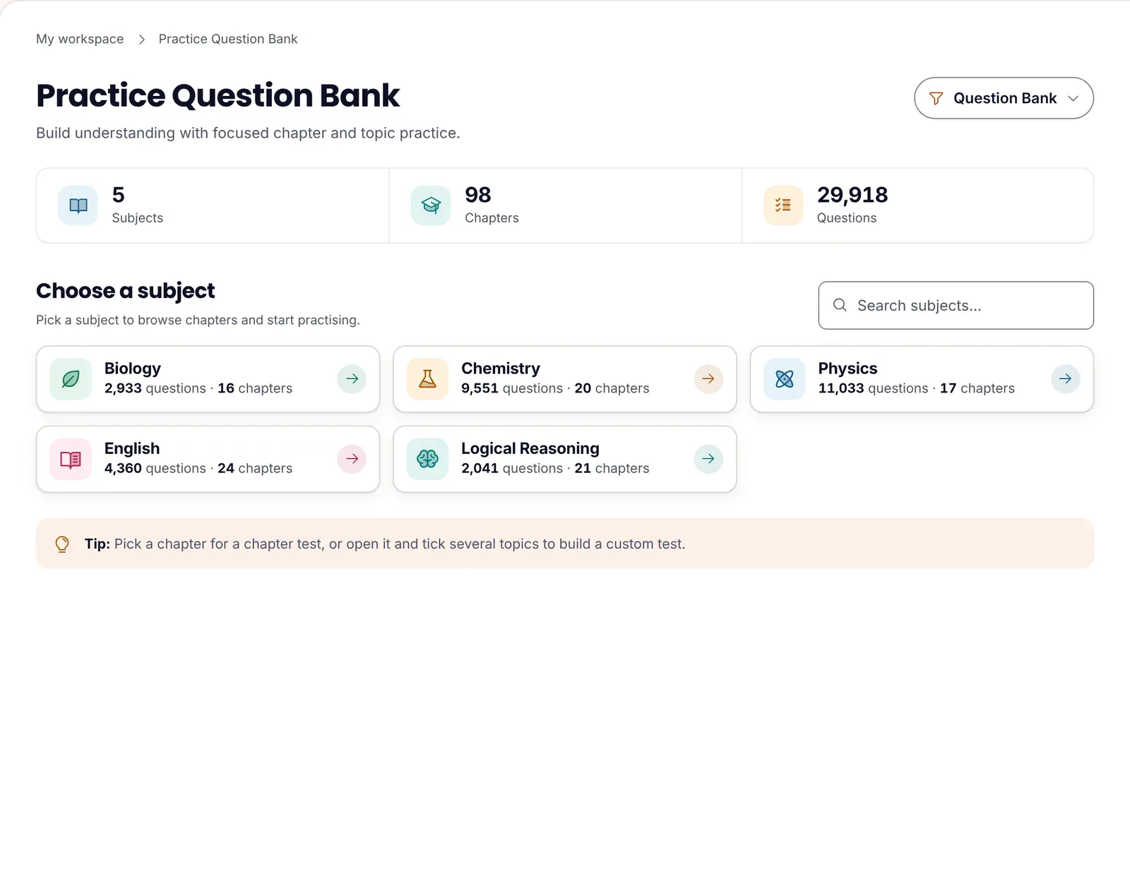 ePrepare's practice question bank: 5 subjects, 98 chapters and 29,918 questions, with Biology, Chemistry, Physics, English and Logical Reasoning cards and a tip to pick a chapter for a chapter test or tick topics for a custom test