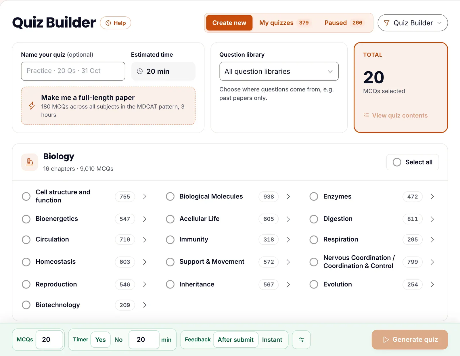 ePrepare's Quiz Builder: the Biology chapter list with MCQ counts, a question library selector, a Make me a full-length paper option, and controls at the bottom for number of MCQs, timer and feedback after submit or instant
