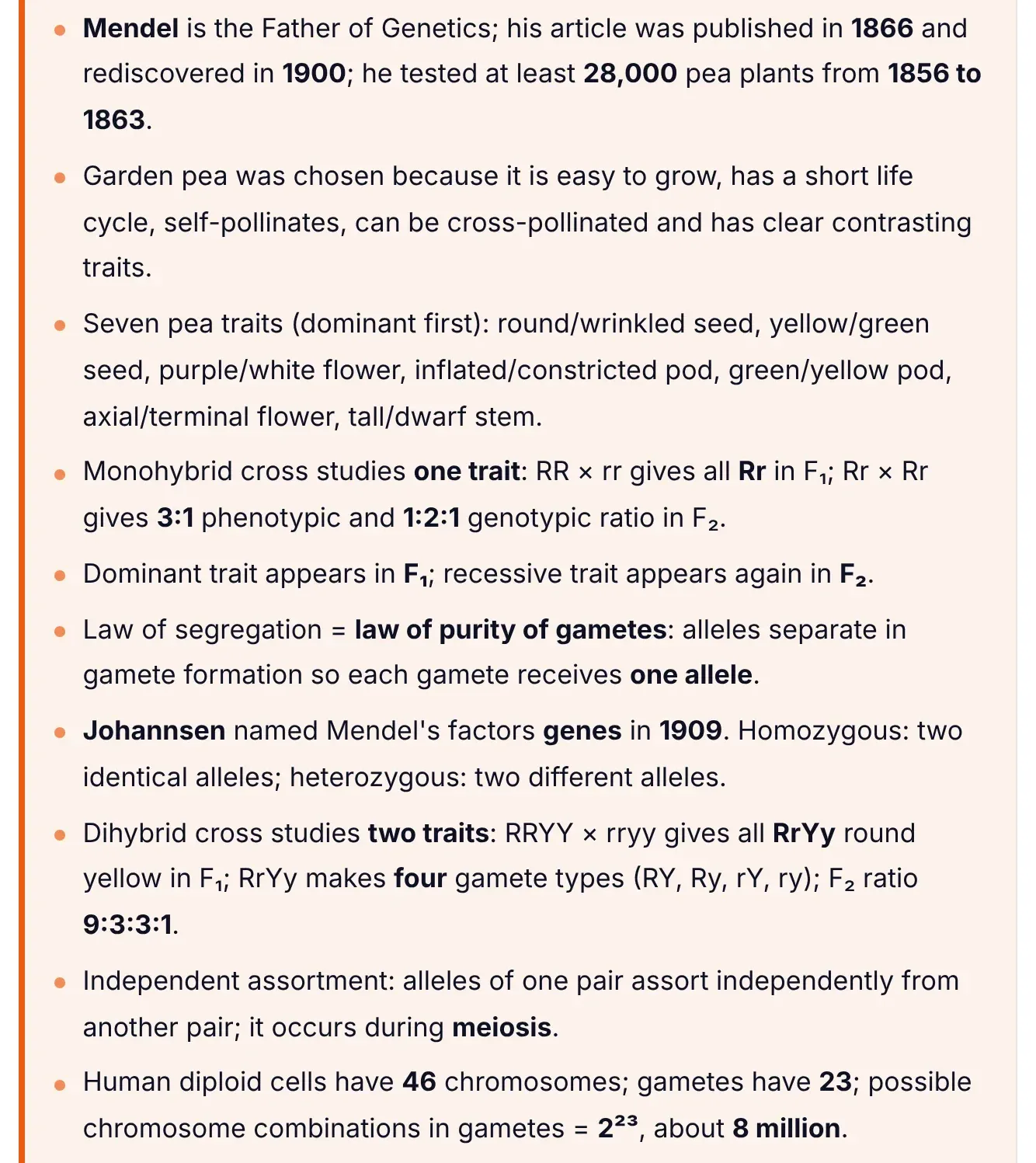 High-yield MCQ points from ePrepare's Mendelian inheritance lesson: Mendel's dates, why the garden pea was chosen, the seven pea traits with dominant first, monohybrid 3:1 phenotypic and 1:2:1 genotypic ratios, law of segregation as purity of gametes, Johannsen naming genes in 1909, dihybrid 9:3:3:1, independent assortment in meiosis, and 2 to the power 23 chromosome combinations.