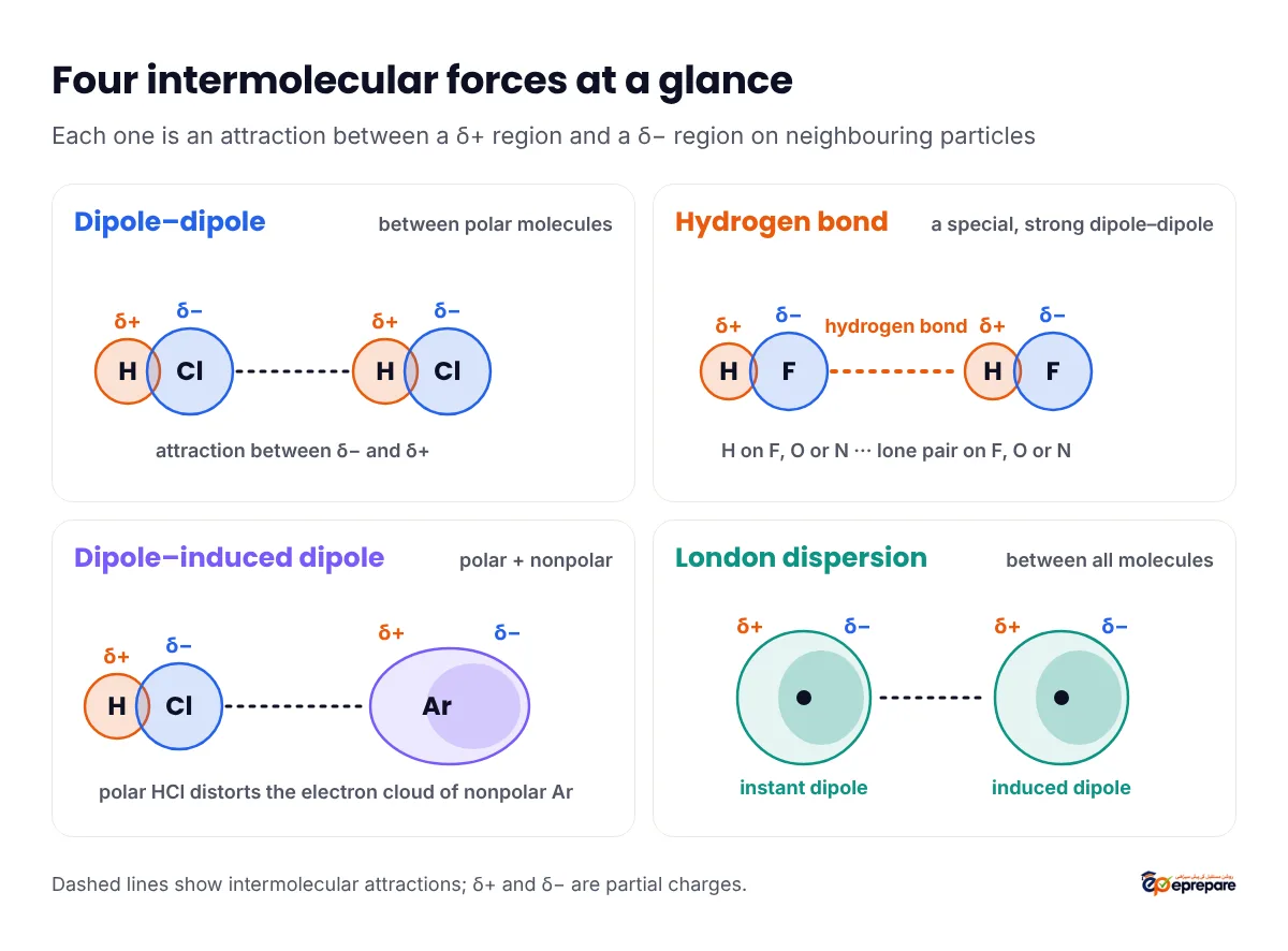 Four labelled panels: dipole-dipole attraction between the positive end of one HCl molecule and the negative end of another; a hydrogen bond between the H of one water molecule and a lone pair on the O of another; a polar molecule inducing a dipole in a nonpolar argon atom; and London dispersion, where a temporary dipole in one atom induces a dipole in its neighbour