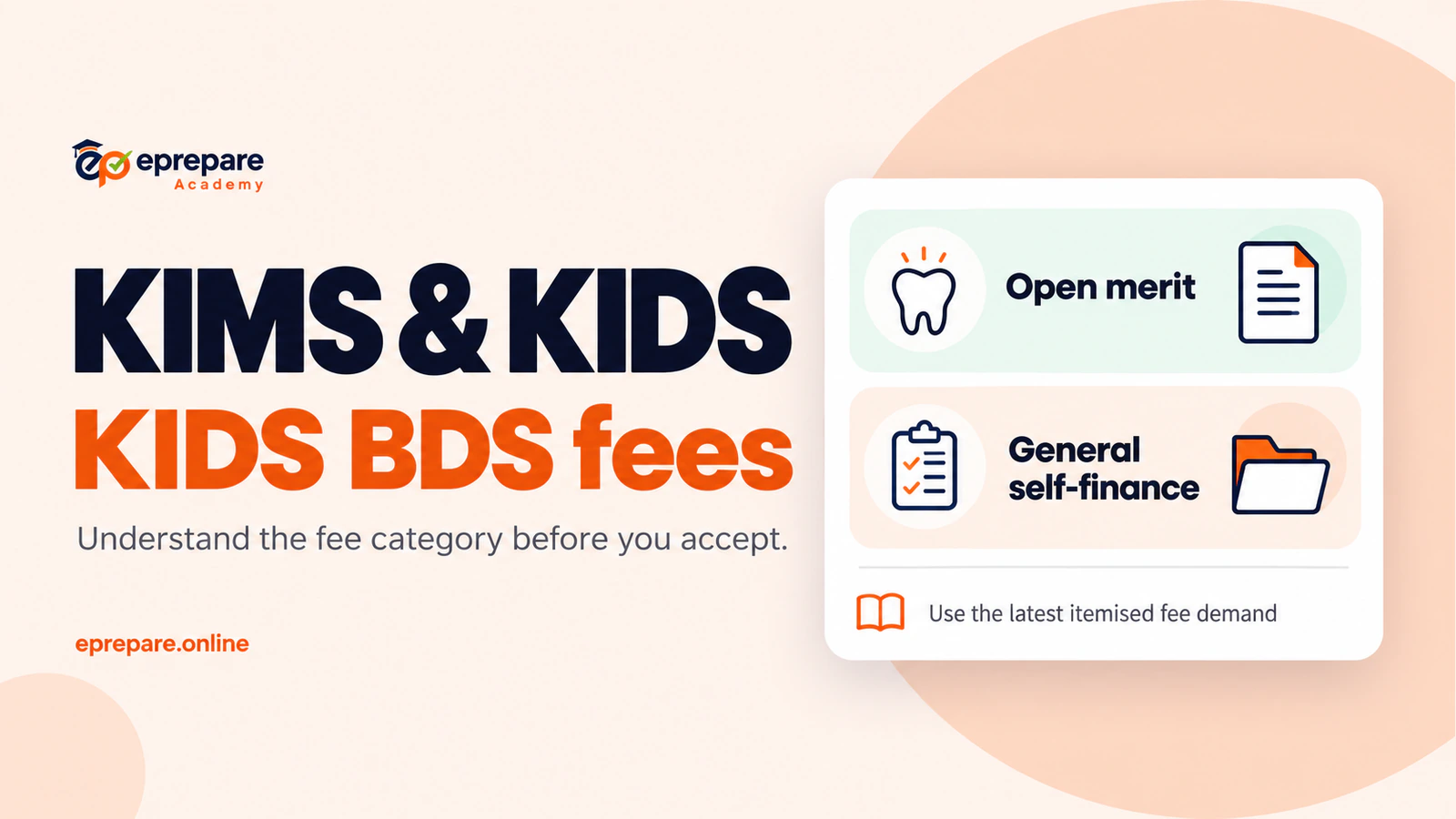 KIMS and KIDS guide to KIDS BDS open-merit and general-self-finance fee categories, with no price amounts.