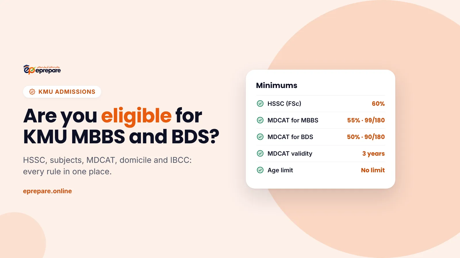 KMU MBBS and BDS eligibility criteria: 60% HSSC, MDCAT 55% or 50%, domicile and IBCC equivalence