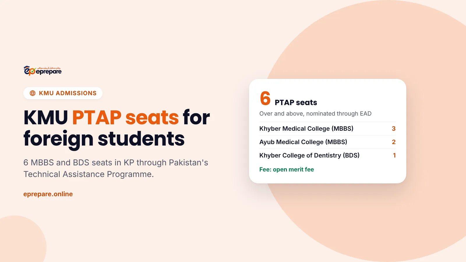 KMU PTAP seats: 6 MBBS and BDS seats in KP for foreign students nominated through the Economic Affairs Division