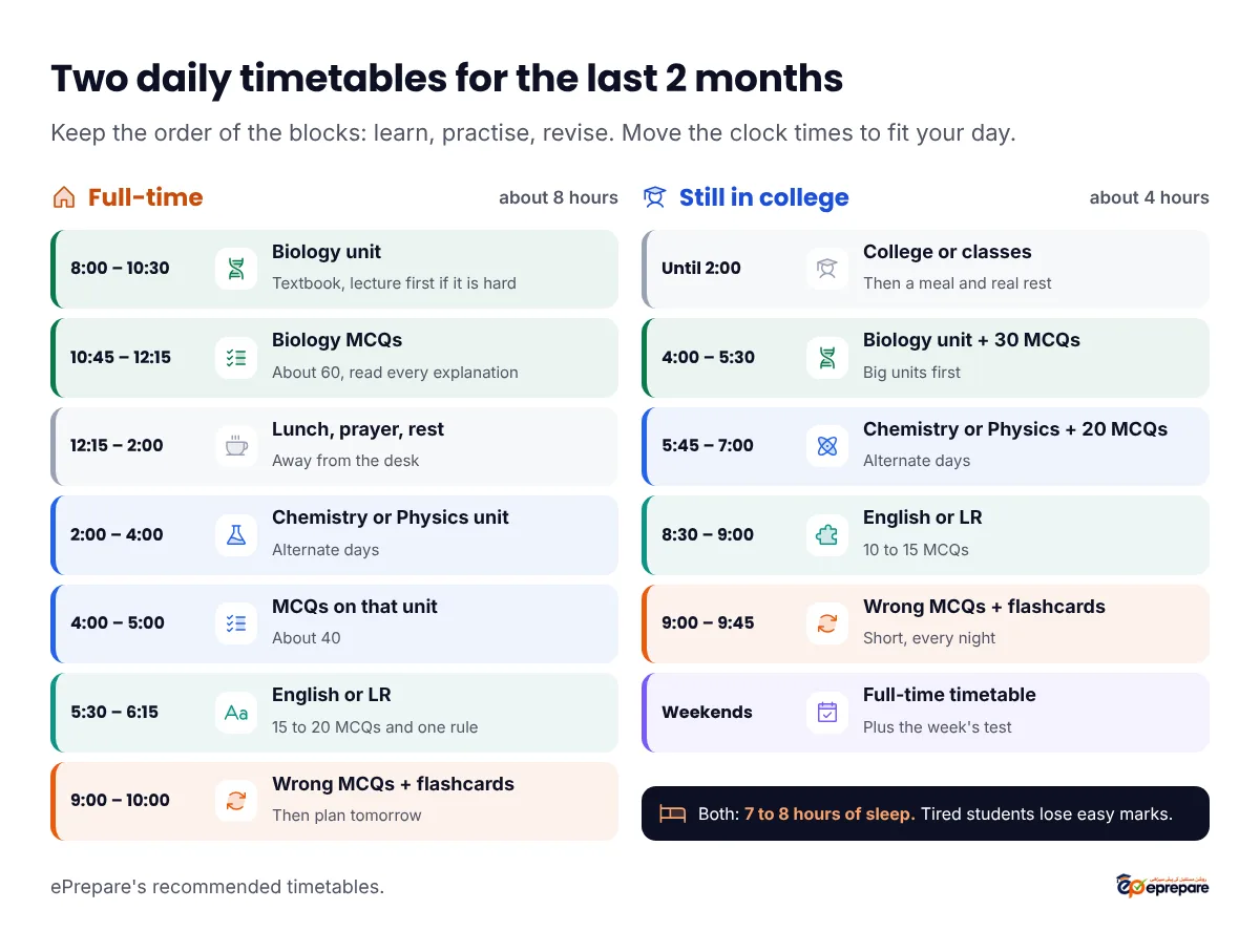 Two MDCAT daily timetables for a 2-month plan. Full-time student, about 8 hours: 8:00 to 10:30 Biology unit, 10:45 to 12:15 Biology MCQs, 2:00 to 4:00 Chemistry or Physics unit, 4:00 to 5:00 its MCQs, 5:30 to 6:15 English or Logical Reasoning, 9:00 to 10:00 wrong MCQs and flashcards. Student still in college, about 4 hours: 4:00 to 5:30 Biology unit and 30 MCQs, 5:45 to 7:00 Chemistry or Physics and 20 MCQs, 8:30 to 9:00 English or Logical Reasoning, 9:00 to 9:45 wrong MCQs, 8 hours at weekends