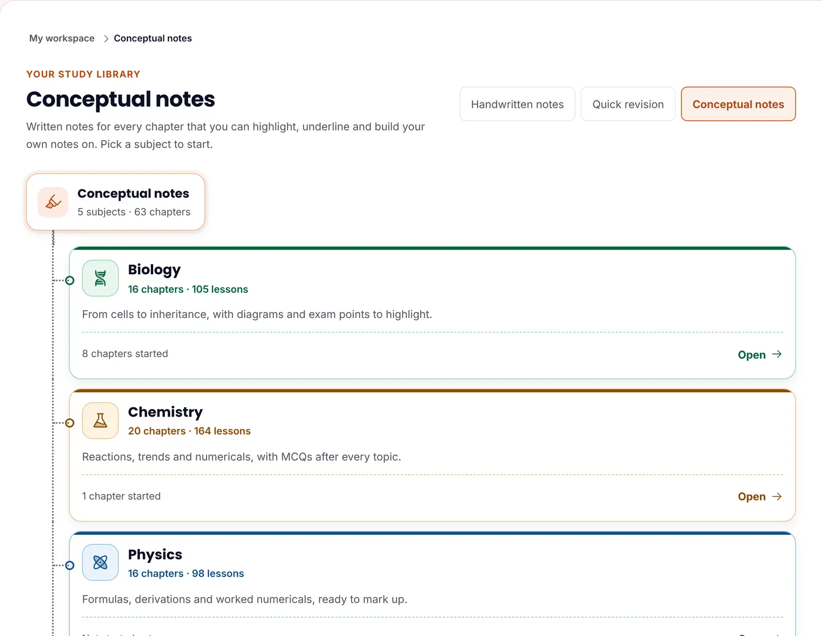 ePrepare conceptual notes library showing 5 subjects and 63 chapters: Biology with 16 chapters and 105 lessons, Chemistry with 20 chapters and 164 lessons, and Physics with 16 chapters and 98 lessons