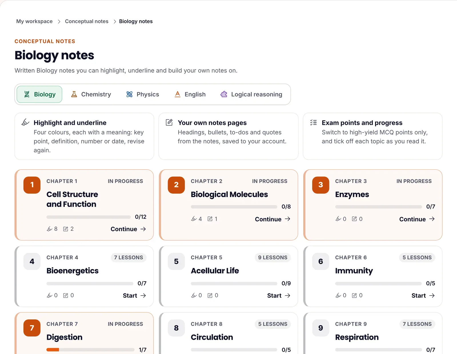Biology conceptual notes chapter list on ePrepare, starting with Cell Structure and Function, Biological Molecules, Enzymes, Bioenergetics and Acellular Life, each with its lesson count, progress and a Start or Continue button