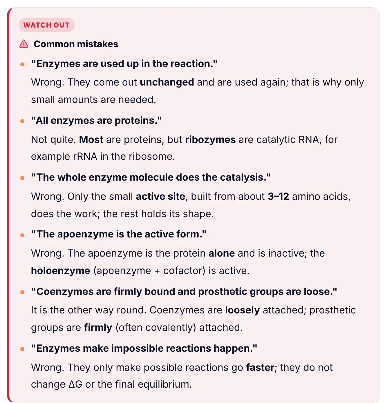 Common mistakes box from the ePrepare Enzymes notes correcting six wrong ideas: enzymes are used up, all enzymes are proteins, the whole enzyme does the catalysis, the apoenzyme is the active form, coenzymes are firmly bound, and enzymes make impossible reactions happen
