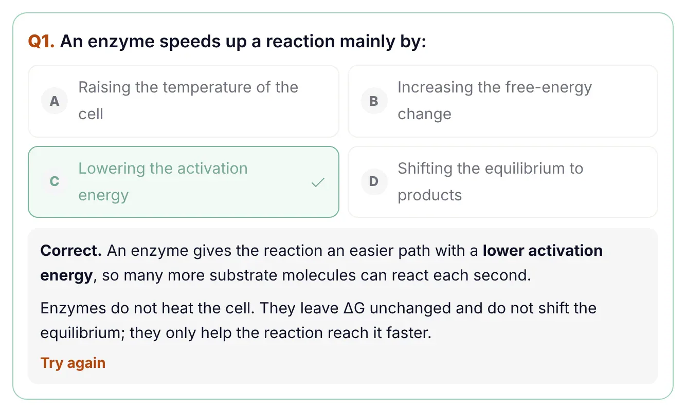 Practice MCQ inside ePrepare conceptual notes: An enzyme speeds up a reaction mainly by, with the correct option Lowering the activation energy marked and an explanation that enzymes give an easier path and do not heat the cell, change delta G or shift the equilibrium