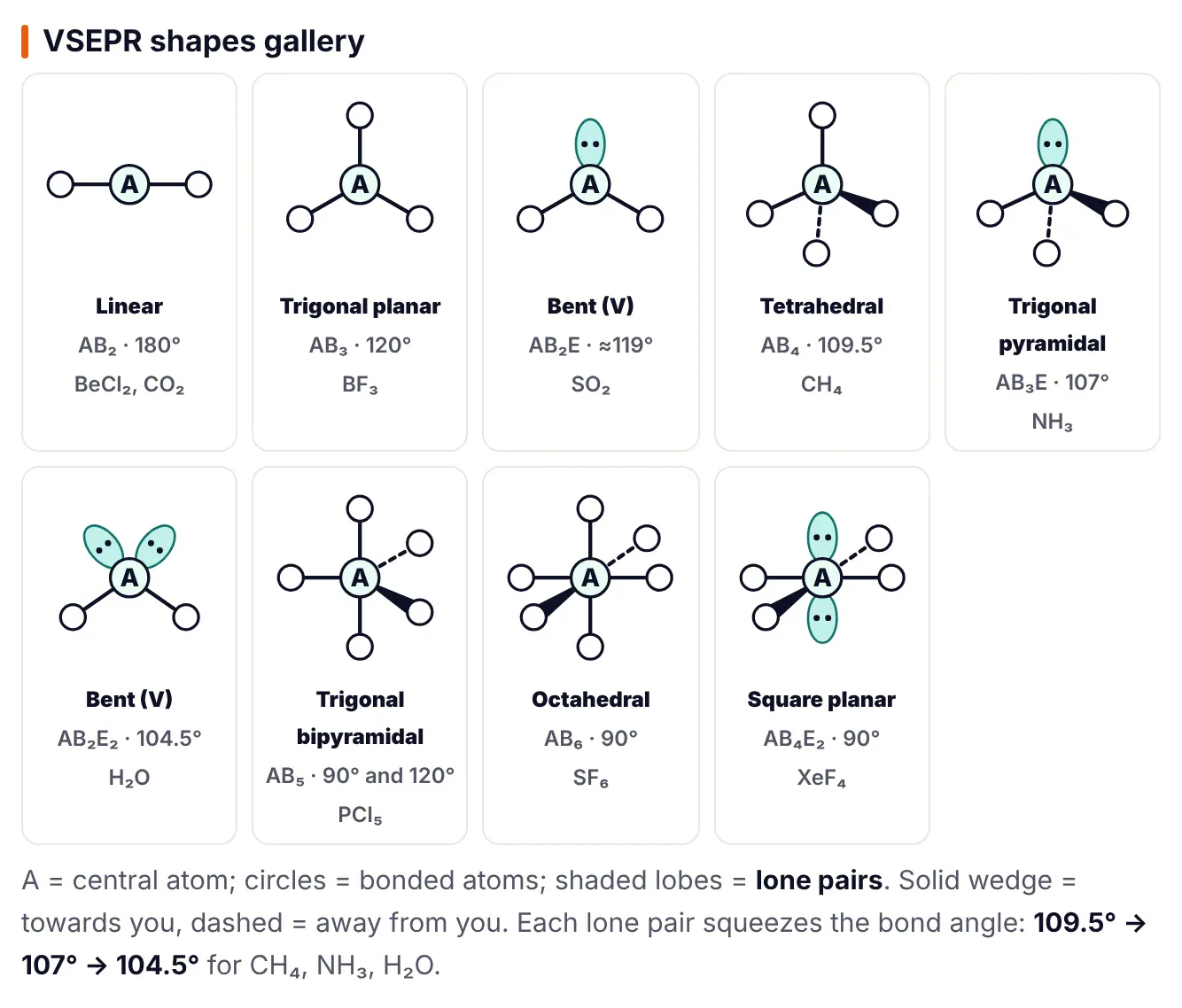 VSEPR shapes gallery from ePrepare conceptual notes: linear AB2 180 degrees BeCl2 and CO2, trigonal planar AB3 120 degrees BF3, bent AB2E about 119 degrees SO2, tetrahedral AB4 109.5 degrees CH4, trigonal pyramidal AB3E 107 degrees NH3, bent AB2E2 104.5 degrees H2O, trigonal bipyramidal AB5 PCl5, octahedral AB6 SF6 and square planar AB4E2 XeF4
