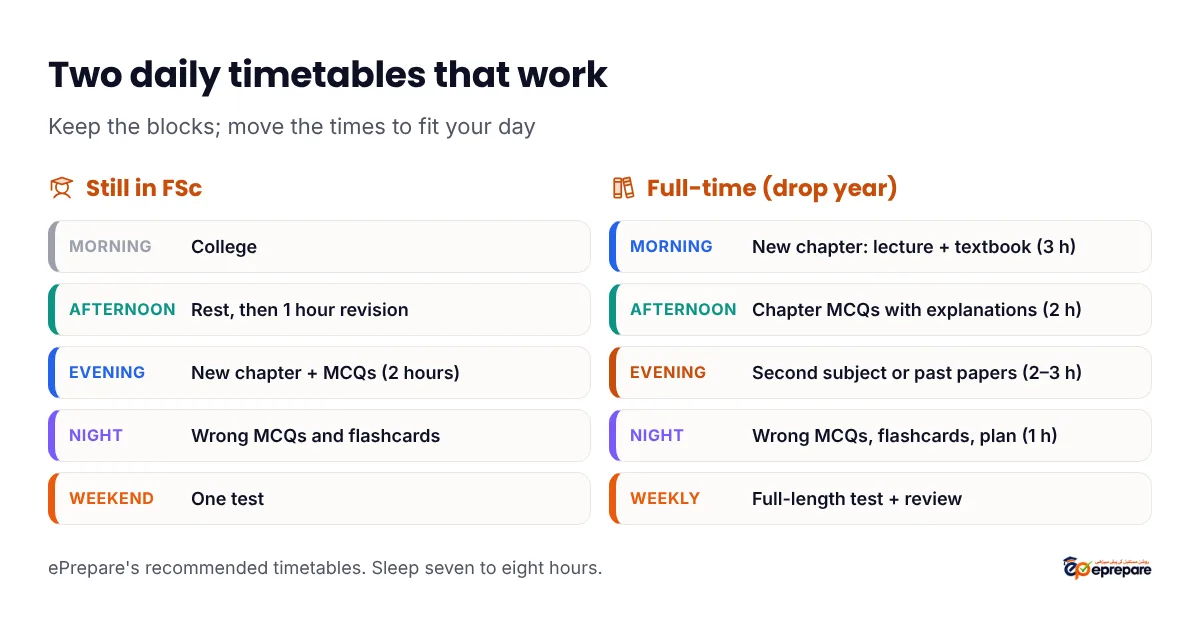 Two MDCAT daily timetables: a student still in FSc who studies after college, and a full-time student preparing all day, each with study, MCQ practice, revision and rest blocks