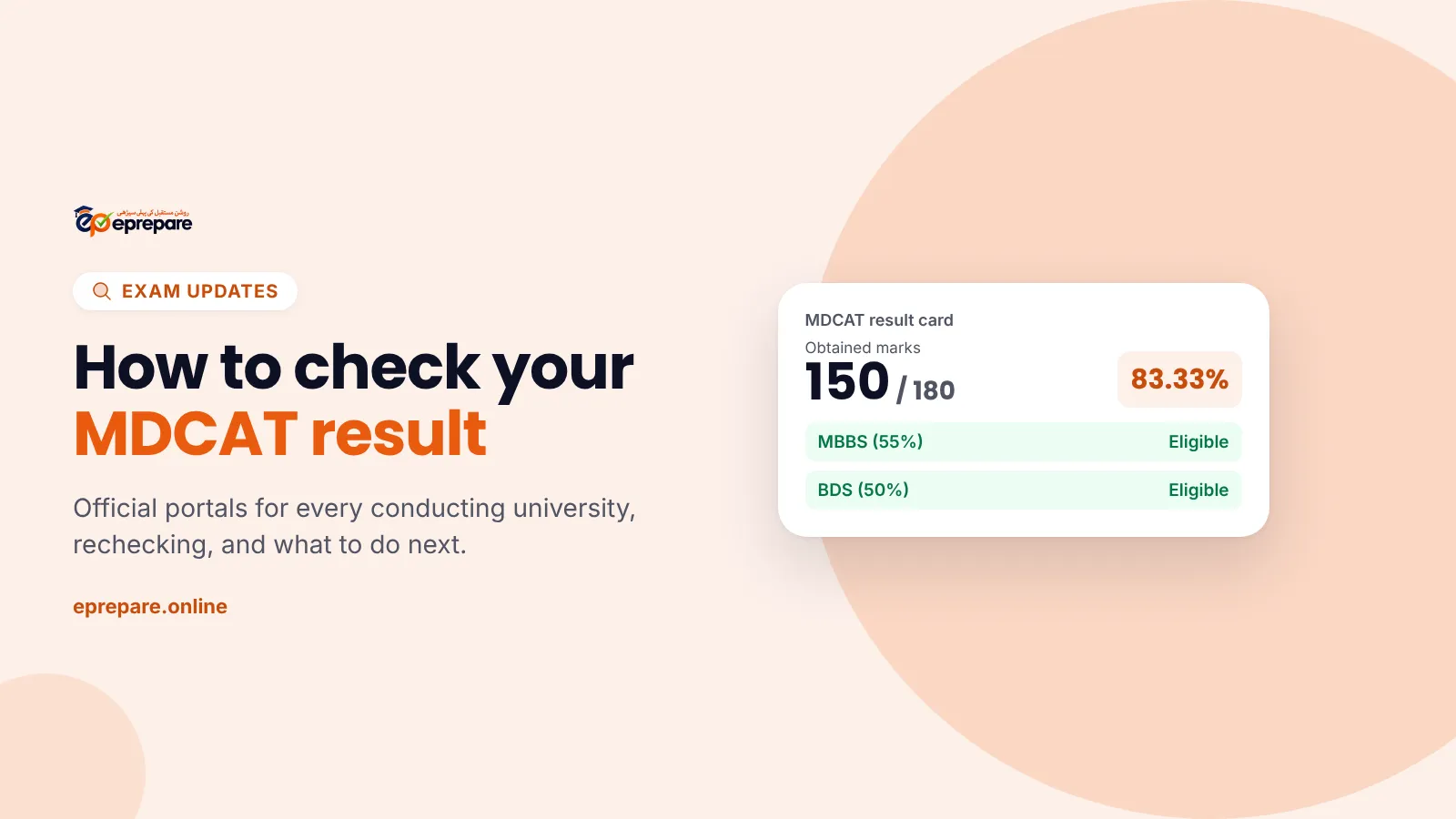 How to check your MDCAT result: a result card showing 150 out of 180, 83.33%, eligible for MBBS and BDS