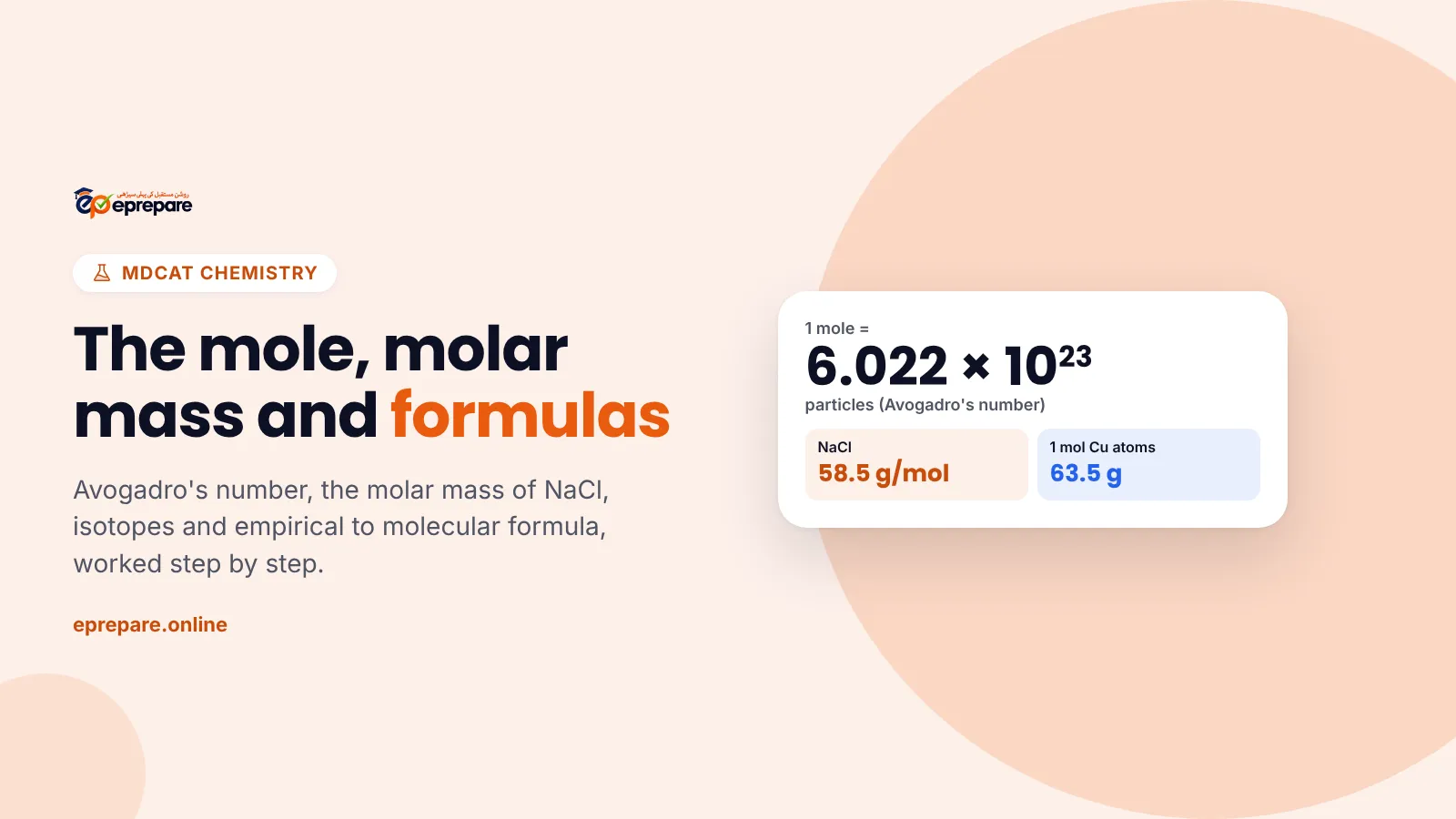 The mole, molar mass and formulas: Avogadro's number 6.022 × 10²³, NaCl 58.5 g/mol and 1 mole of copper atoms 63.5 g