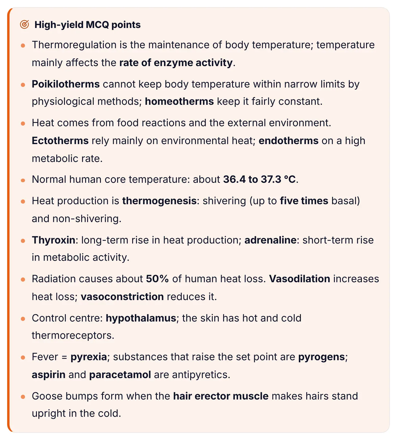 High-yield MCQ points box from ePrepare's thermoregulation lesson listing core facts: normal core temperature 36.4 to 37.3 degrees Celsius, shivering up to five times basal heat, thyroxin long-term and adrenaline short-term heat, radiation about 50 percent of heat loss, hypothalamus as control centre, pyrogens and antipyretics in fever, and goose bumps.