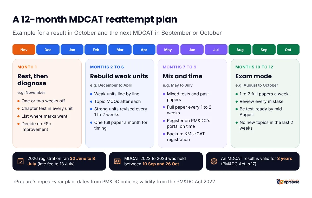 A 12-month MDCAT reattempt plan from November to October. Month 1, November: rest one or two weeks, then take a chapter test in every unit, list where marks went and decide on FSc improvement. Months 2 to 6, December to April: rebuild weak units line by line with topic MCQs, revise strong units every one to two weeks and take one full paper a month. Months 7 to 9, May to July: mixed tests and past papers, a full paper every one to two weeks, register on PM&DC's portal on time and register for KMU-CAT as a backup. Months 10 to 12, August to October: one to two full papers a week, review every mistake, be test-ready by mid-August and add no new topics in the last two weeks. In 2026 registration ran from 22 June to 8 July; MDCAT from 2023 to 2026 was held between 10 September and 26 October; a result is valid for three years
