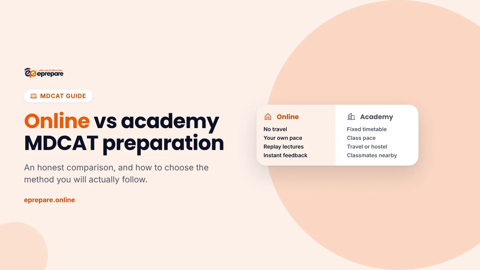 Online vs academy MDCAT preparation: no travel, own pace and instant feedback compared with a fixed timetable