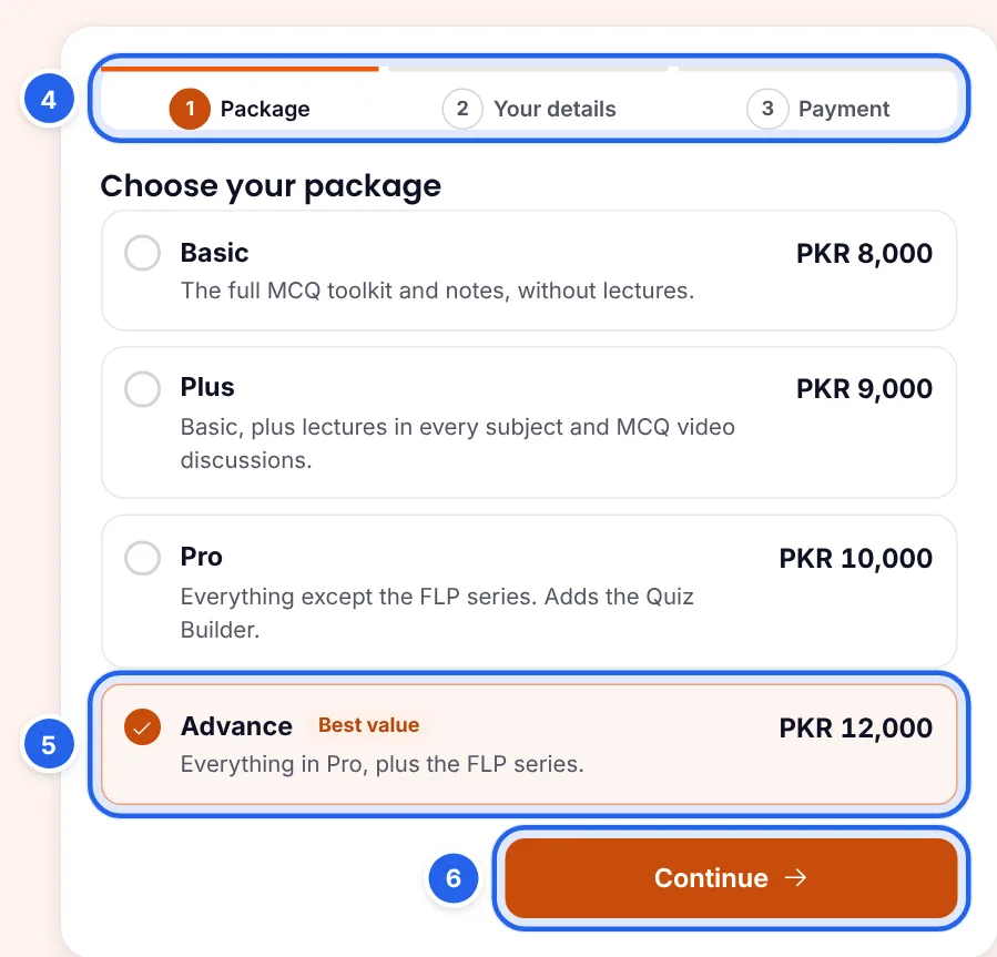 The ePrepare registration page with the Package, Your details and Payment steps, the four packages with Advance selected, and the Continue button