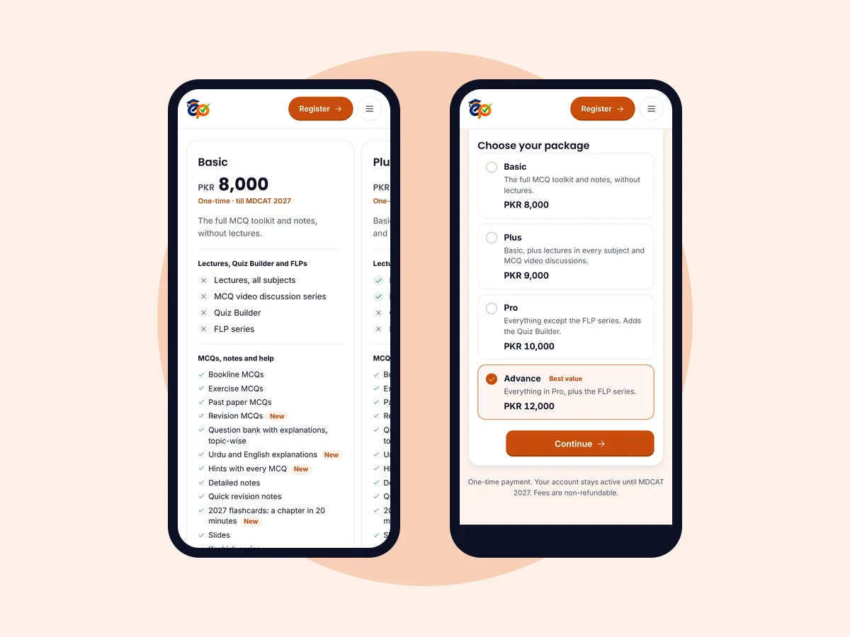 On a phone: the Basic package card with its features, and the registration page with the Advance package selected