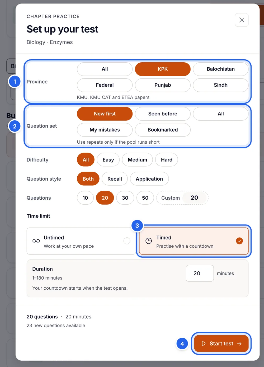 Setting up a past-paper test on ePrepare: the KPK province selected showing KMU, KMU CAT and ETEA papers, the New first question set, a timed test and the Start test button