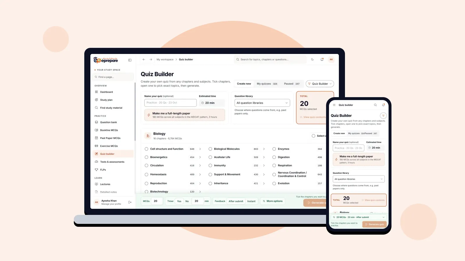 The ePrepare Quiz Builder on a laptop and a phone