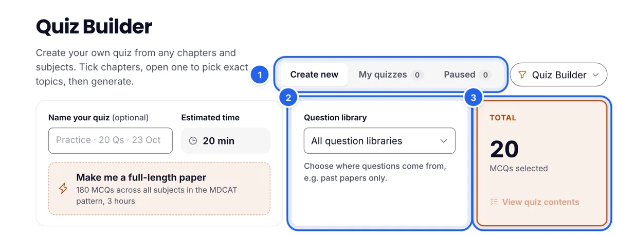 The ePrepare Quiz Builder with the Create new, My quizzes and Paused tabs, the question library and the total MCQs selected