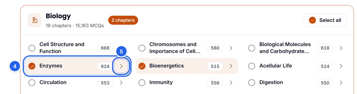 Biology chapters in the Quiz Builder with Enzymes and Bioenergetics ticked and the arrow to choose topics highlighted
