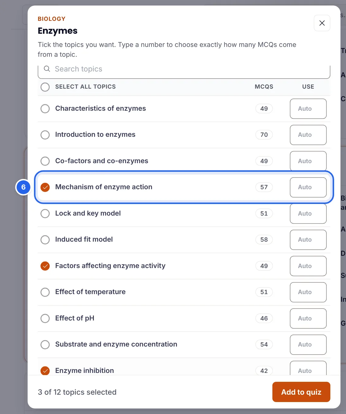 The Enzymes topic list with three topics ticked, MCQ counts for each topic and the Add to quiz button