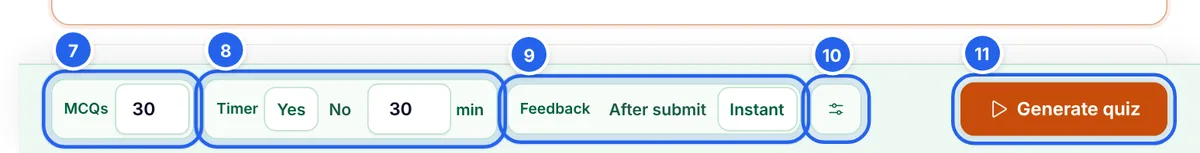 The Quiz Builder settings bar: number of MCQs, timer, feedback mode, more options and the Generate quiz button